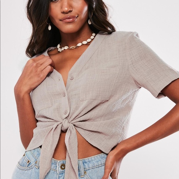 Taupe tie front shirt - Picture 2 of 2